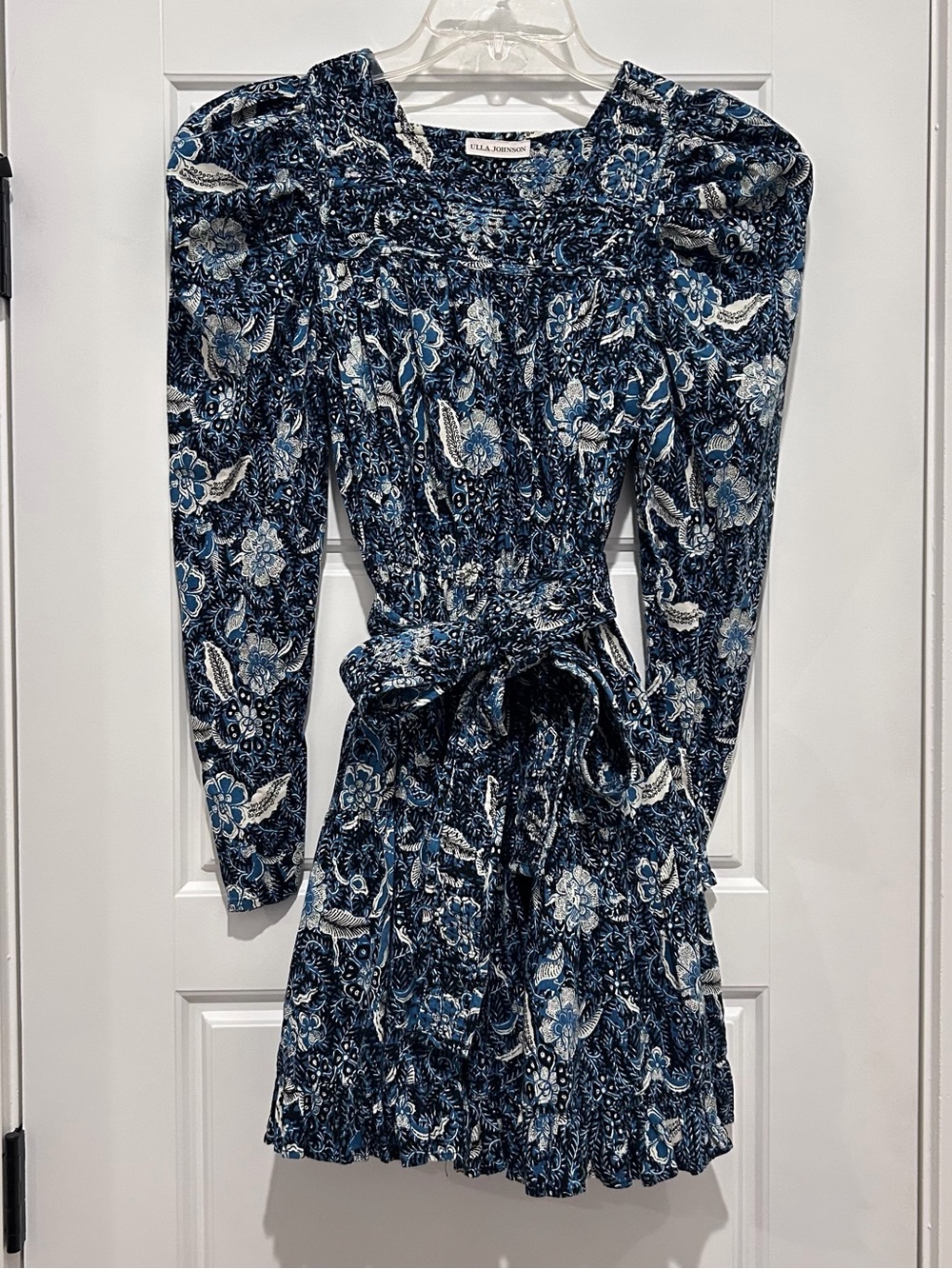 Ulla Johnson Nailah Paisley Print Puff Sleeve Blue Belted Mini Dress